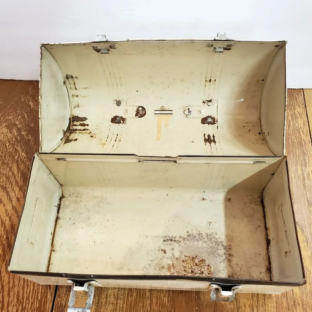 Vintage White Metal Dome Top Lunch Box Industrial Workman Pail Pre-1970 Patina